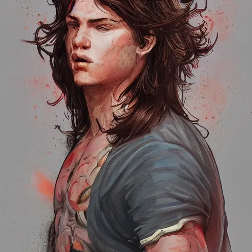 Image similar to portrait of a teen boy with long red hair and a lot of freckles and muscular, intricate, highly detailed, digital painting, artstation, sharp focus, illustration