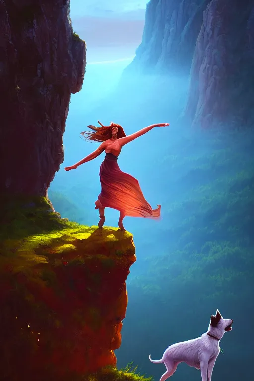 Image similar to the fool tarot card, a maiden dances on the edge of a cliff with a little dog barking beside her, 8 k resolution digital painting, cinematic lighting, deviantart artstation, by alena aenami, by michael whelan, bokeh, behance hd