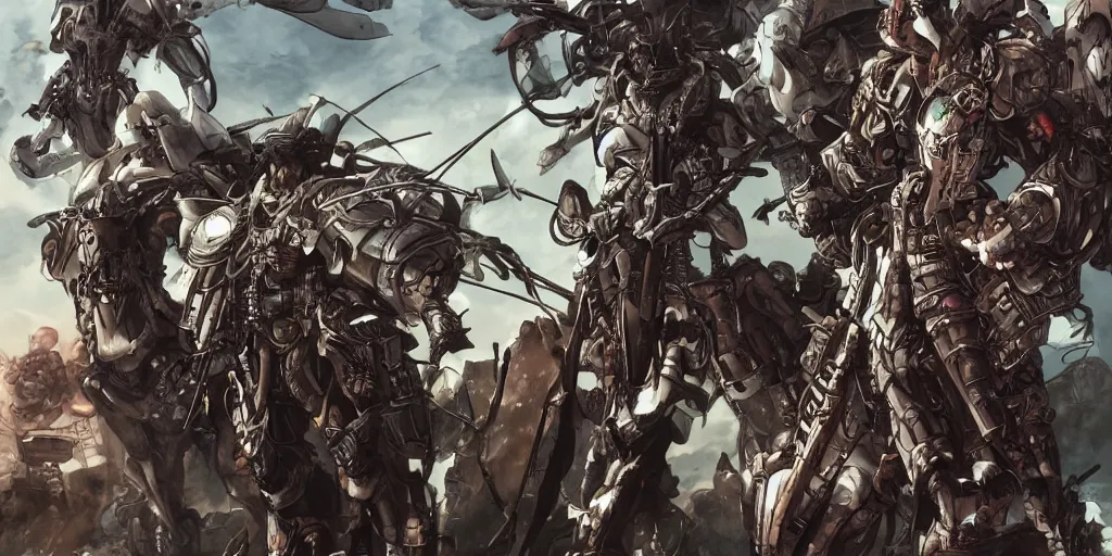 Image similar to Four horsemen of the apocalypse by masamune shirow, vivid, very detailed, matte, cinematic, CGSociety