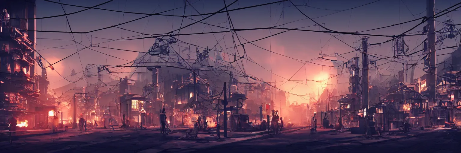 Prompt: an atompunk village, wires everywhere, street lights octane render, trending on artstation