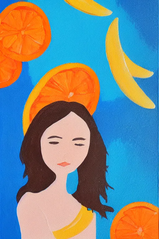 Prompt: a Acrylic painting of a girl ,summer ,water,wave , orange and orange slices,blue theme and Yellow accents,Colour composition by Kenya Hara