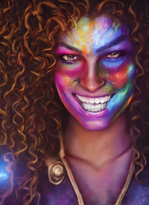 Prompt: an epic fantasy comic book style portrait painting of a girl wearing colorful makeup with a smile and curly brown hair stepping out of a doorway with light shining behind her, unreal 5, daz, hyperrealistic, octane render, cosplay, rpg portrait, dynamic lighting, very detailed face