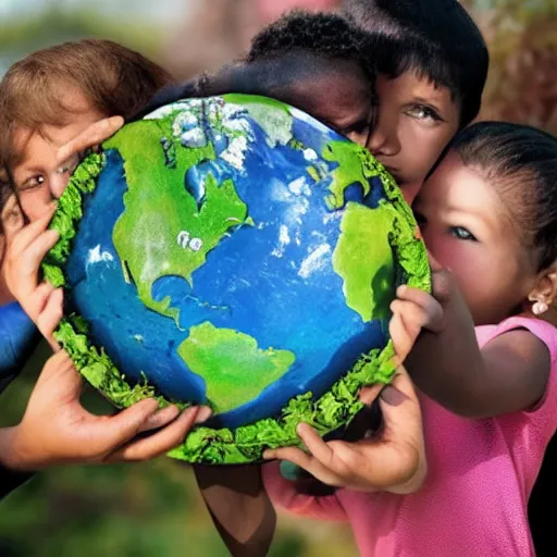 Image similar to earth ecosystem, children around the earth, recycle, hands around the earth