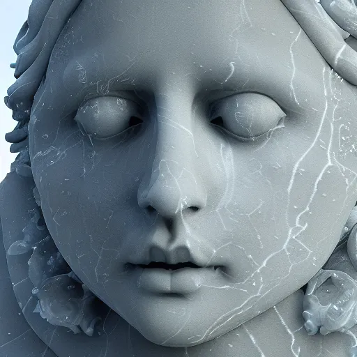 Image similar to “a delicate renaissance marble sculpture covered with water veil, highly detailed transparent marble cloth, gi, global illumination, physically based rendering, photorealistic, top light , dark background”