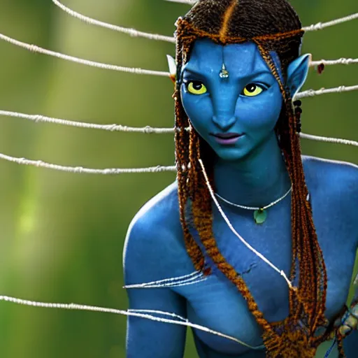 Image similar to a blue - skinned female navi from avatar wrapped in barbed wire, high resolution film still, hdr color, movie by james cameron