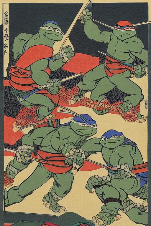 Image similar to Four Teenage Mutant Ninja Turtles, Japanese ukiyo-e ukiyo-ye woodblock print, by Moronobu