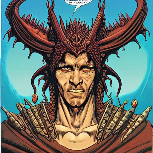 Image similar to head and shoulders portrait of a medieval d & d fantasy anthropomorphic blue dragon - headed sorcerer, comic book cover art by phil noto, frank miller, jeff easley, and hr giger