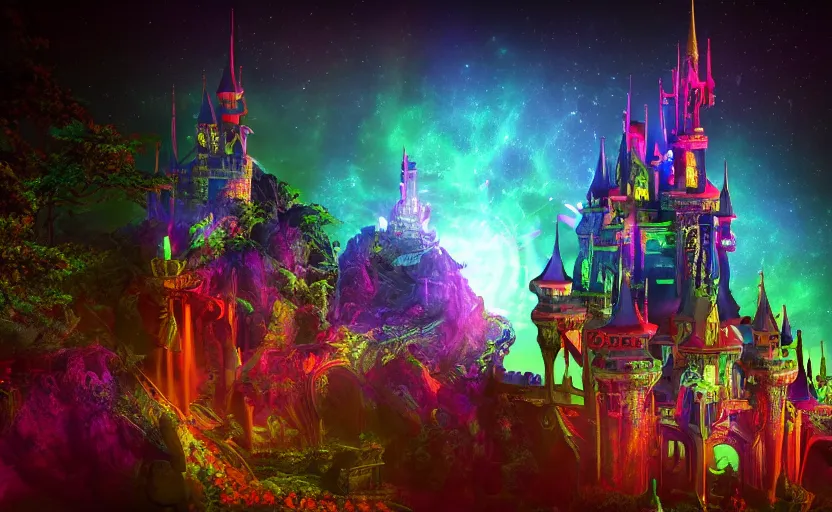 Image similar to enchanted castle, pro - vida, cosmic integration, cosmic color scheme, macro up view, neon, glow, darkness, dramatic, sharp focus, octane render, imax