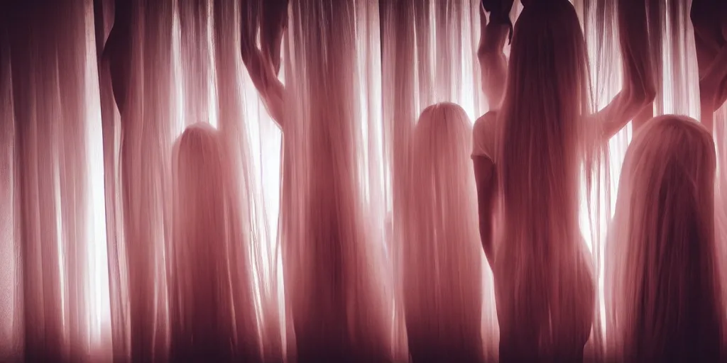 Image similar to love, groups of translucent people with long glowing hair, from behind, rebirth, wide angle, cinematic atmosphere, elaborate, highly detailed, dramatic lighting