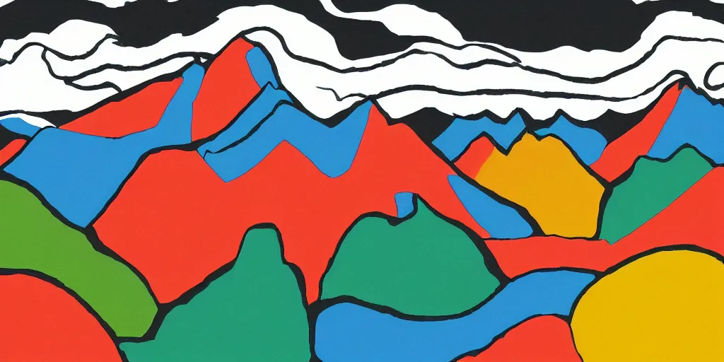 Prompt: pop art illustration of a mountainscape at day