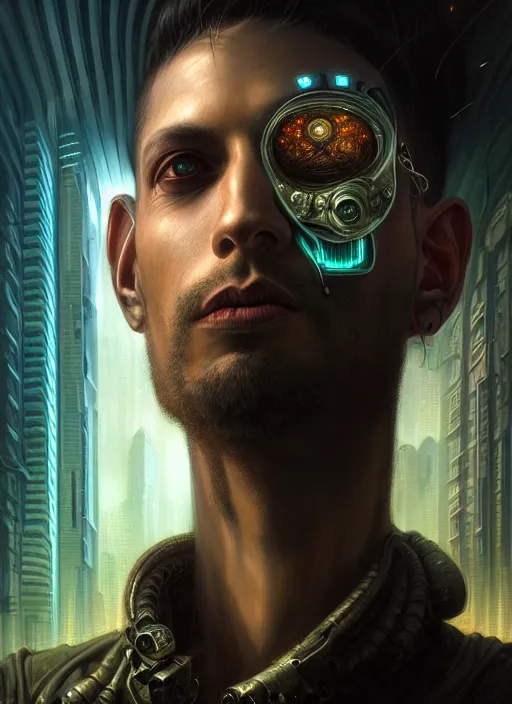 Prompt: portrait shot of a cyberpunk male in a scenic dystopian environment, intricate, elegant, highly detailed, centered, digital painting, artstation, concept art, smooth, sharp focus, illustration, artgerm, tomasz alen kopera, peter mohrbacher, donato giancola, joseph christian leyendecker, wlop, boris vallejo