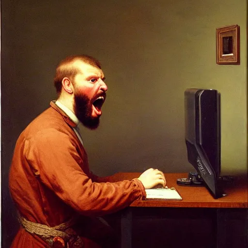 Image similar to an angry man yells at his computer monitor, oil on canvas, 1 8 8 3, highly detailed