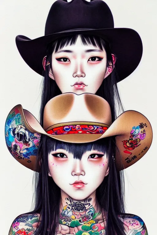Image similar to full view of taiwanese girl with tattoos wearing cowboy hat, style of yoshii chie and hikari shimoda and martine johanna, highly detailed