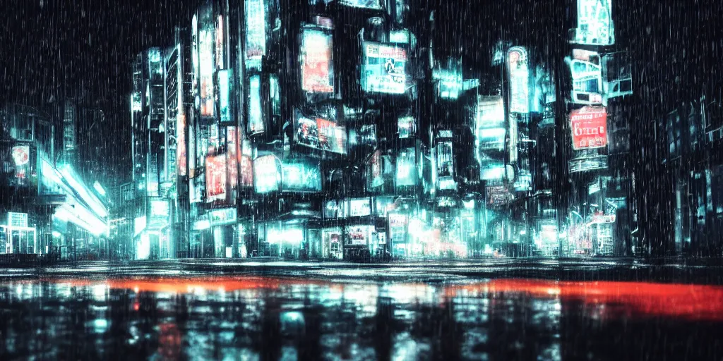 Image similar to a city street at night, raining, photograph, cars on the road, cyberpunk, sharp focus, intricate detail