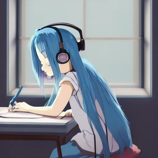 Image similar to high definition anime portrait of a pastel blue haired anime girl sitting at a desk studying with headphones on, background is a window looking out into a busy Tokyo district, lo-fi art, by Studio Ghibli, trending on artstation, sharp high quality anime, digital art, photoshop, proportionate, ambient lighting