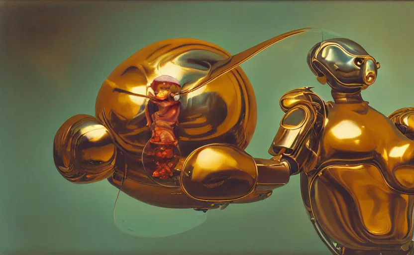 Image similar to strange curvy seductive futuristic robot body, enticing colorful oil painting dutch golden age vanitas eros still life sparse composition with bulbous objects strange gooey transparent surfaces shiny metal reflections bizarre mutant meat insects rachel ruysch dali todd schorr very detailed perfect composition rule of thirds masterpiece canon 5 0 mm, cinematic lighting, photography, retro, film, kodachrome