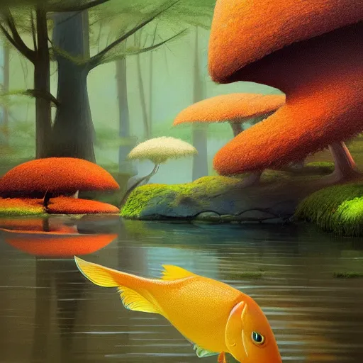 Image similar to goro fujita ilustration a river in the forest with clear water with moss on the edges, while watching a golden carp fish swimming, painting by goro fujita, sharp focus, highly detailed, artstation