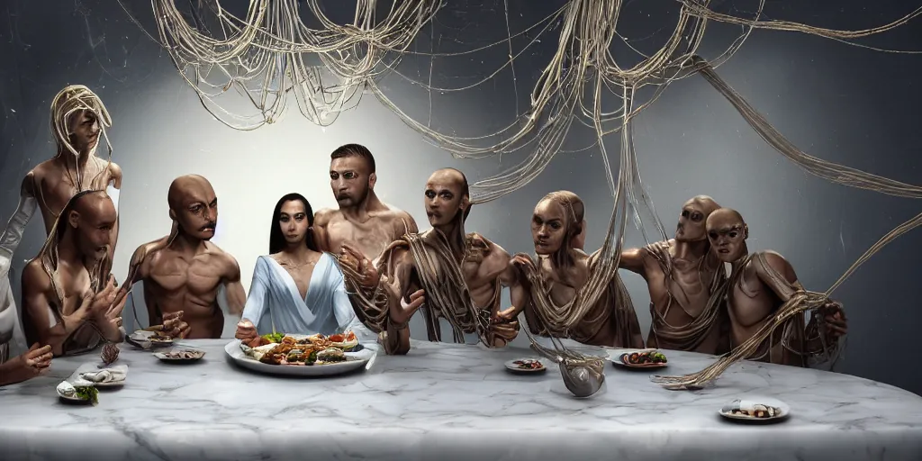 Image similar to !13 diverse aliens on !one_side of a !marble table, eating luxurios meals !!posing_as_last_supper cinematic lighting, their clothes are high tech suits, intricate cables adorne their bodies and heads, detailed implants, satin, crystal, liquid, surreal, floating, !!highly detalied, 4k, artstation, by Rolf Armstrong