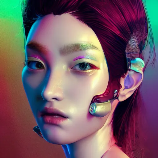 Image similar to the portrait of an absurdly beautiful, graceful, sophisticated, fashionable cyberpunk gravure idol, an ultrafine hyperdetailed illustration by kim jung gi, irakli nadar, hanna moon, leslie zhang intricate linework, bright colors, collage, porcelain skin, unreal engine 5 highly rendered, cgsociety, global illumination, radiant light, detailed and intricate environment