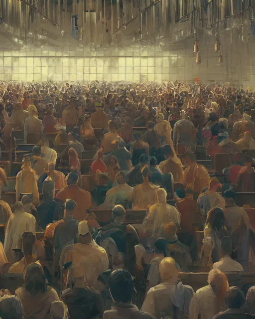 Image similar to craig mullins and moebius painting of a crowd in a futuristic church, priest, pews, ethereal, inviting, bright, unreal engine, hyper realism, realistic shading, cinematic composition, realistic render, octane render, detailed textures, photorealistic, wide shot