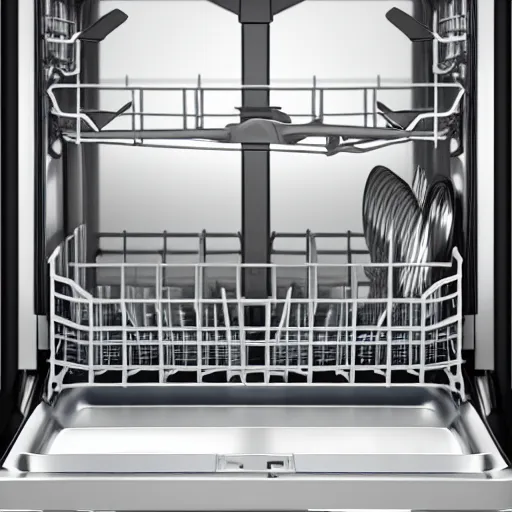 Image similar to open dishwasher with cast iron skillet inside, high quality 4k resolution