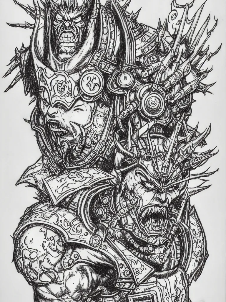 Prompt: prompt: Warcraft character passport photo by Katsuhiro Otomo, World of Warcraft character portrait drawn by Katsuhiro Otomo, on the sides alchemical artefacts and mysterious entities attributes and trinkets, clean ink detailed line drawing, intricate detail, manga 1990, white background, clean drawing