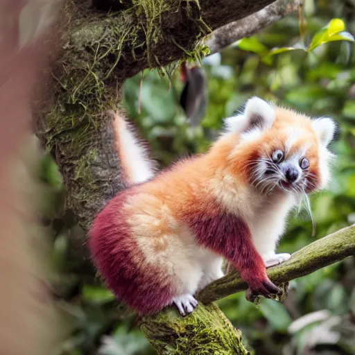 Image similar to cute fluffy cross between red panda and sugar glider in a lush jungle, studio lighting, award winning