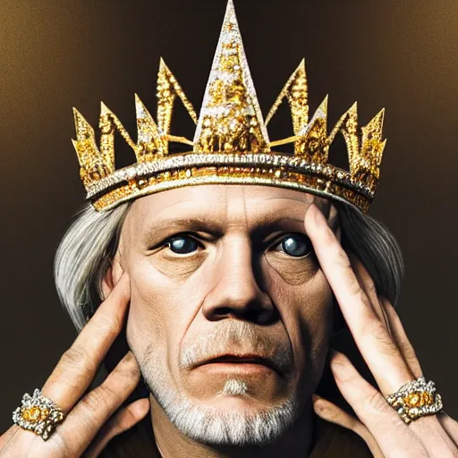 Image similar to John Malkovich with a diamond jeweled crown with a golden crown, photorealistic, highly detailed, 8k, in the art style of Filip Hodas, 8k