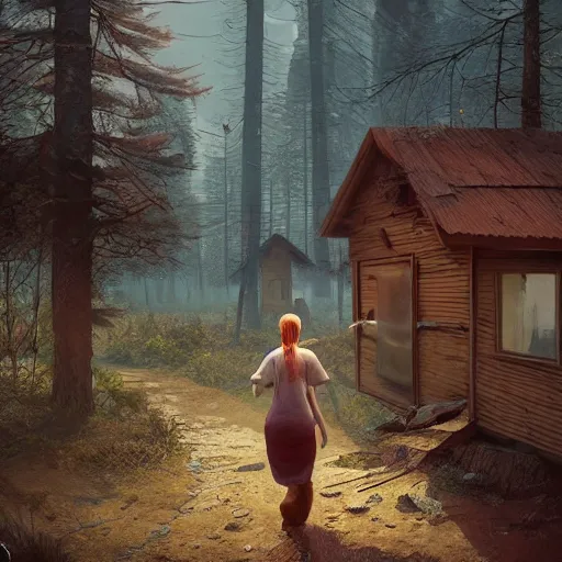 Image similar to woman leaving her wooden broken house by simon stålenhag, very highly detailed, award winning, rendered by Beeple, by Makoto Shinkai, syd meade, starwars, space art concept, digital art, unreal engine, blender, WLOP, trending on artstation, 4K UHD image, octane render