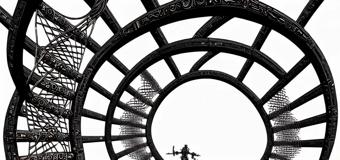 Image similar to a double helix dna cyberpunk steampunk carved archway, high details, lineart, by vincent di fate and joe fenton, inking, screen print, masterpiece, trending on artstation, sharp, high contrast, hyper - detailed,, hd, 4 k, 8 k