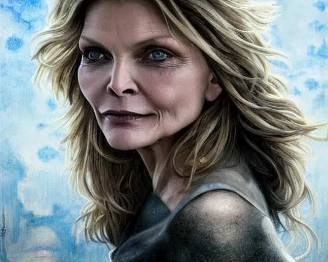 Prompt: hdr portrait photography michelle pfeiffer, box battle, box ring, cinematic, coherent portraits, from time magazine, intricate, elegant, highly detailed, digital photo, trending on foxsport, hdr photo, smooth, sharp focus, illustration, art by artgerm and greg rutkowski and alphonse mucha