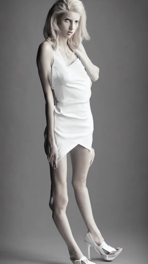 Prompt: very very beautiful studio photo of emily skinner, looking like annie leonhart, very beautiful slim legs, elegant open toe heels and white short dress, in a white room, beautiful eyes, bokeh, very very very very beautiful!!, hard focus, sexy dominant pose, full body shot, 9 0 mm, f / 1. 4, photo by david roemer