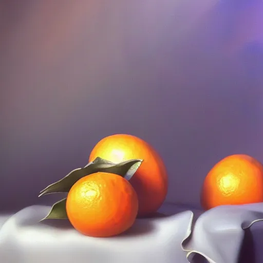 Image similar to A beautiful still life oil painting of Oranges pineapples bananas Pomegranates lying on a silk cloth, fog, volumetric, lighting, summer, hyperrealistic, art by artgerm