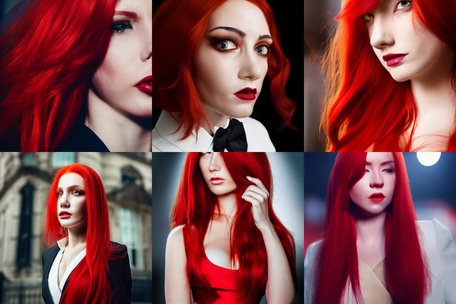Prompt: close - up, photo of a woman with red hair wearing a formal slightly open formal suit, trending on instagram, full body, ultra - hd, hcl, 1 2 - bit, ar, volumetric lighting, opaque, optics, lumen reflections, vfx, insanely detailed and intricate, hypermaximalist, elegant, ornate, hyper realistic, super detailed