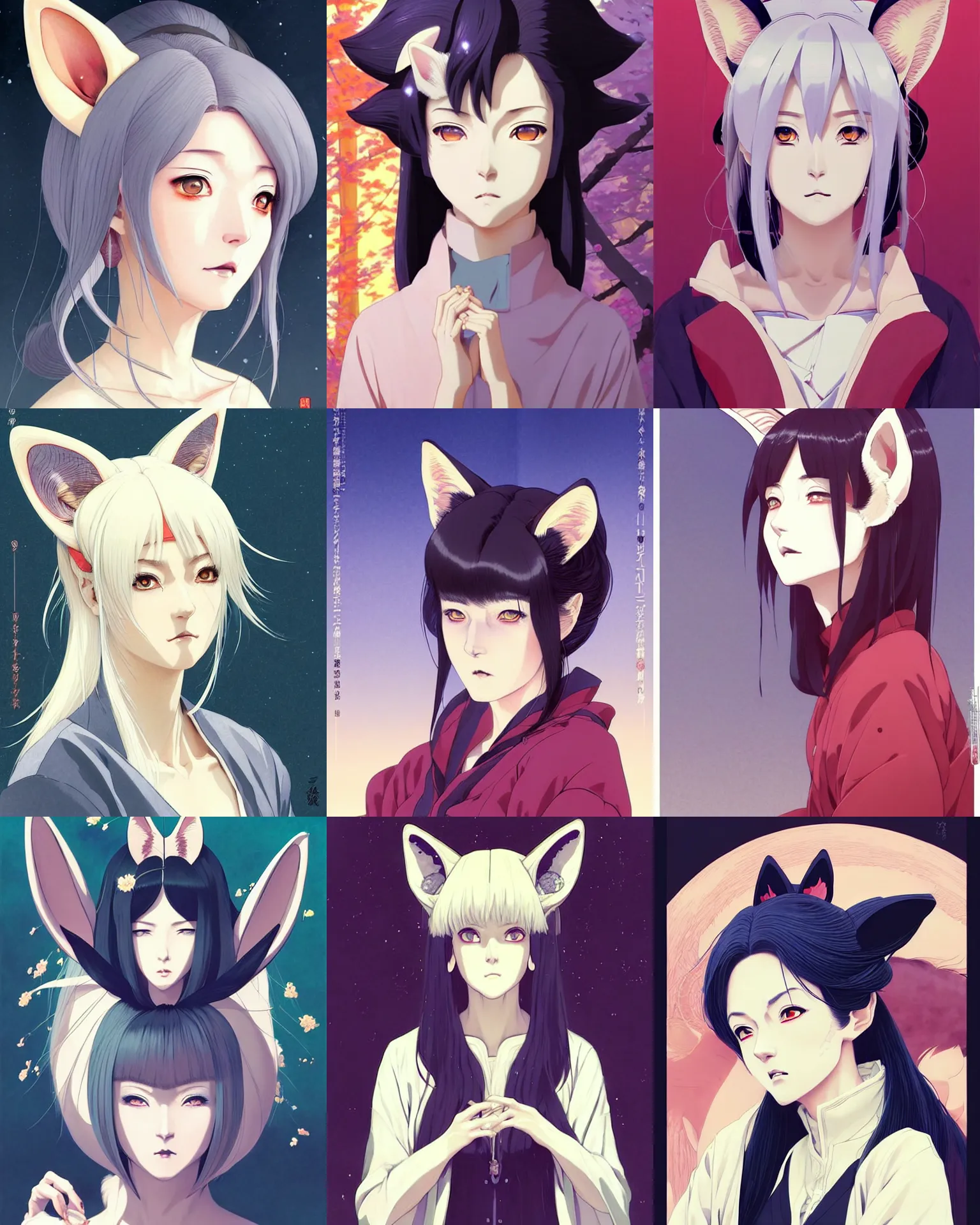 Prompt: A beautiful older kitsune woman with fox ears || VERY VERY ANIME!!!, fine-face, age lines, silver hair, realistic shaded perfect face, fine details. Anime. realistic shaded lighting poster by Ilya Kuvshinov katsuhiro otomo ghost-in-the-shell, magali villeneuve, artgerm, Jeremy Lipkin and Michael Garmash and Rob Rey