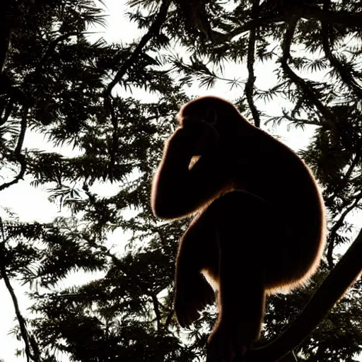 Prompt: rim light around fur of an ape on a tree, silhoutte, dim light, tree top, dslr award winning photo, nikon