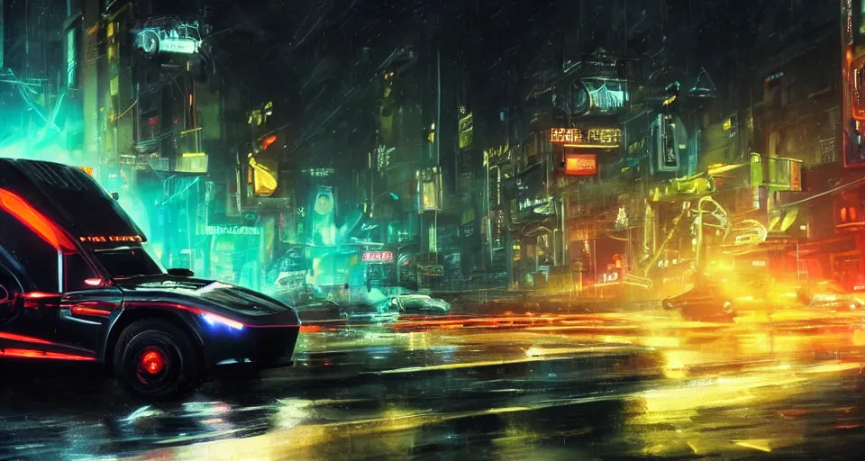 Image similar to a 2 8 mm closeup photo of a tesla tron cybertruck driving a on wet city street with lots of traffic at night, intricate, speed, action, need for speed, hyper detailed, smooth, high contrast, neon, volumetric lighting, octane, moebius, greg rutkowski, blade runner, ripley scott, synthwave, mad max, cinematic