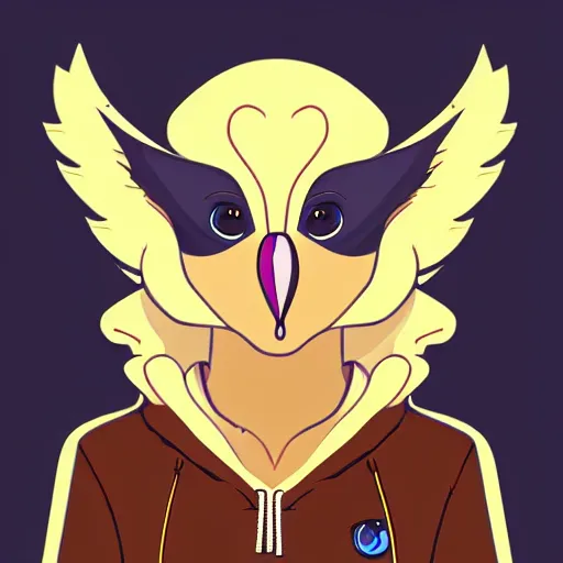 Prompt: front facing portrait. humanoid furry! anthro, anthro, anthro, avian, avian, avian!!! fursona, bird, bird, bird!!! digital art! trending on artstation! subject wearing hoodie and jeans!! subject is female!! female!!! big beak, big beak, big beak!!! blue feathers!! birdfolk!! owlkin!!