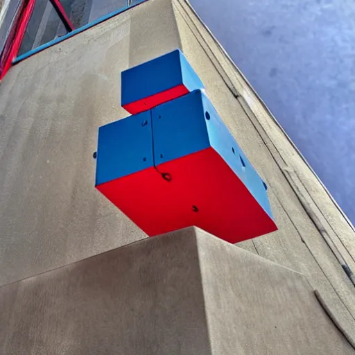 Image similar to ( ( red cube ) at the top of tower ), ( ( blue cube ) on the ground )