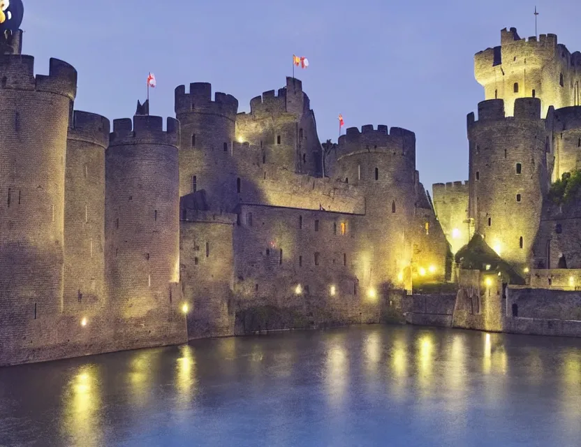 Image similar to close view of gravensteen castle in gent belgium at night, peaceful and serene, incredible perspective, soft lighting, anime scenery by makoto shinkai and studio ghibli, very detailed