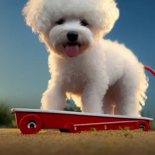 Image similar to a photorealistic photograph of a smiling white Bichon Frisé puppy pulling a little red wagon full to the brim with french fries during sunset at the beach Trending on Artstation, featured on Behance, well-rendered, Unreal Engine, 4K HD