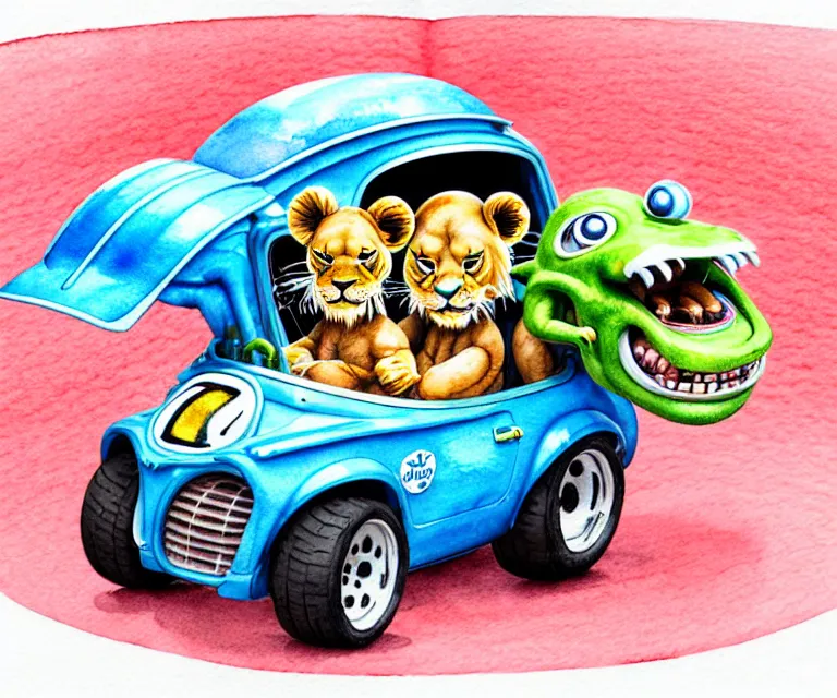 Image similar to cute and funny, lion wearing a helmet riding in a tiny hot rod with oversized engine, ratfink style by ed roth, centered award winning watercolor pen illustration, isometric illustration by chihiro iwasaki, edited by range murata, tiny details by artgerm and watercolor girl, symmetrically isometrically centered, focused