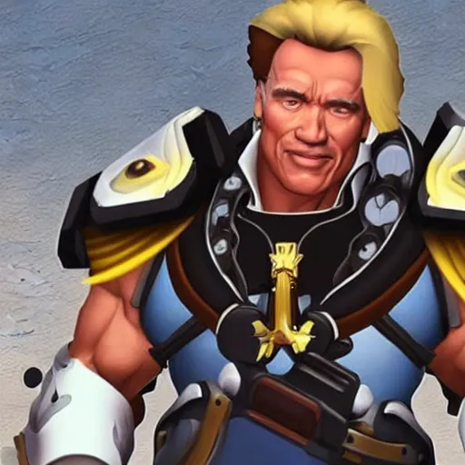 Image similar to a screenshot of arnold schwarzenegger as mercy in overwatch