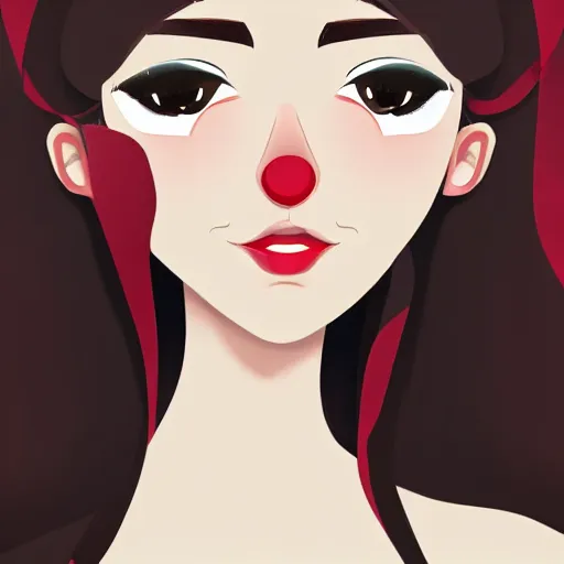 Prompt: a cartoon illustration portrait of a beautiful cute girl with wavy black red hair, a pointy nose and, round chin black eyeliner, trending on artstation