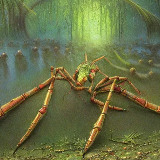 Prompt: antropromorphic stick insect, stick insect standing and talking like a human being, fantasy concept art, painting by Bob Eggleton