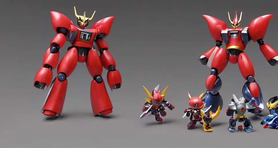 Image similar to a gashapon collection of several super - deformed chibi mecha robot model kit, mazinger, getter robo, gurenn lagann, by hajime katoki, plastic toy, product photo, realistic, symmetrical, octane render, wideshot