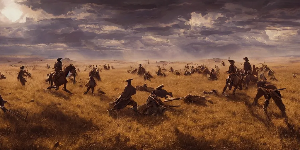 Image similar to image landscape portrait from the battle of little bighorn ( 1 8 7 6 ), majestic sweeping action, cinematic lighting, dramatic lighting, cinematic lighting, hyperdetailed, artstation, cgsociety, 8 k, 4 k, imax 7 0 mm