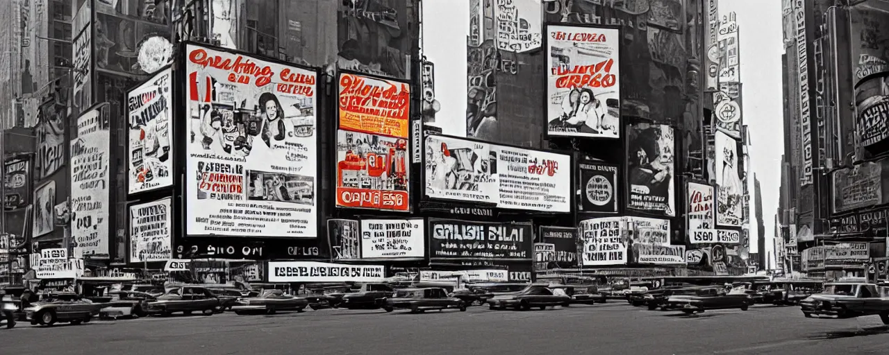 Image similar to wide shot of spaghetti advertisements in time square, 1 9 7 0's, fine detail, kodachrome, neon signs,