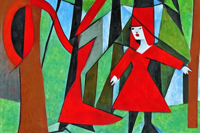 Image similar to little red riding hood walking in the forest, cubism style, painting