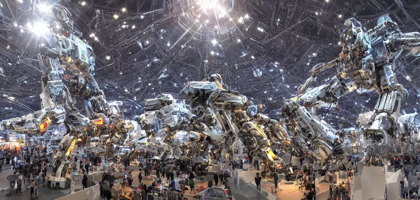 Prompt: A view of the world biggest exhibition of futuristic robots, space full of interesting incredible mechanisms and mechs, photorealistic image, lighting from spotlights, reflections, refractions, new physics, wow atmosphere